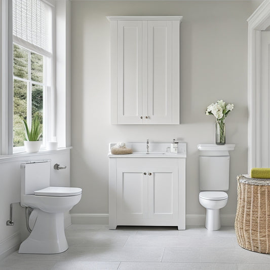 A serene, minimalist bathroom with a corner storage cabinet featuring a soft-close door, chrome handle, and adjustable shelves, surrounded by creamy white walls and a elegant freestanding tub.