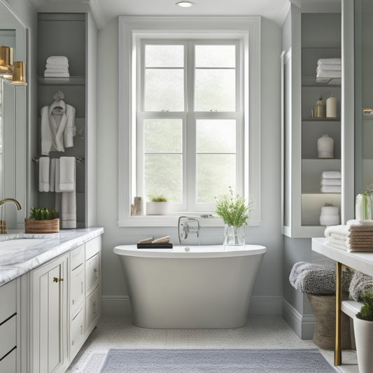 A serene, modern bathroom with marble countertops and large windows, featuring a floor-to-ceiling shelving unit with glass shelves, holding decorative jars and rolled towels, against a soft gray backdrop.