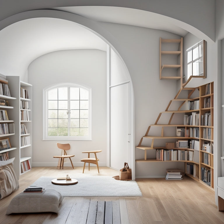 A clutter-free, minimalist room with a curved staircase featuring a floating shelf beneath, a window nook with built-in bookshelves, and a sliding ladder accessing high storage in a narrow attic space.