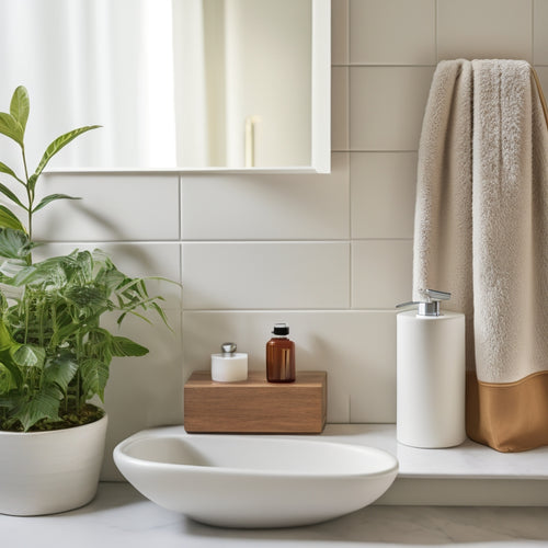 A minimalist bathroom with a small corner shelf installed, holding a few rolled towels, a soap dispenser, and a small plant, against a clean white background with soft, warm lighting.