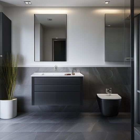 A sleek, modern bathroom with a wall-mounted, LED-lit floor cabinet in a high-gloss, dark grey finish, accompanied by a freestanding tub, minimalist sink, and large, marble-look floor tiles.