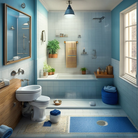 A serene bathroom scene with a partially built layout: exposed plumbing, tile samples, a shower niche, and a few scattered tools, surrounded by a subtle blueprint grid in the background.