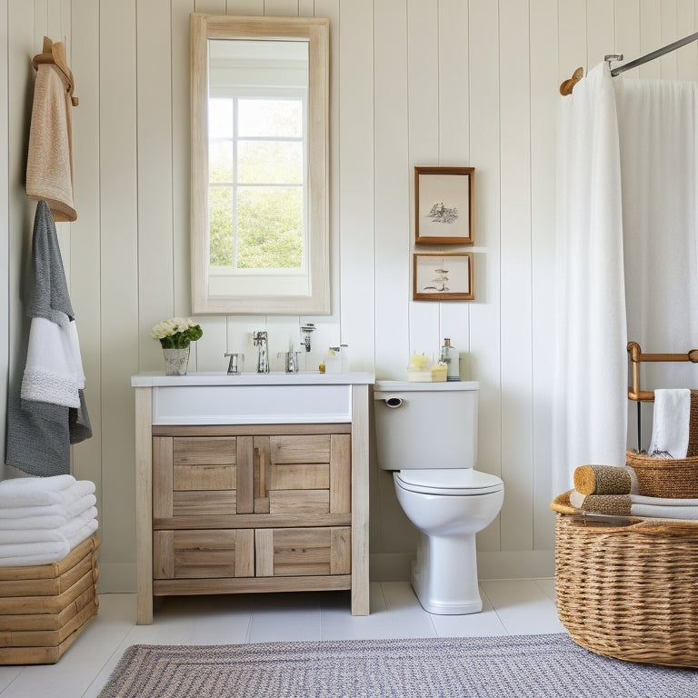 A bright and airy bathroom with a mix of modern and rustic elements, featuring a pedestal sink with a slide-out drawer, a recessed medicine cabinet, and a woven basket storage unit above the toilet.