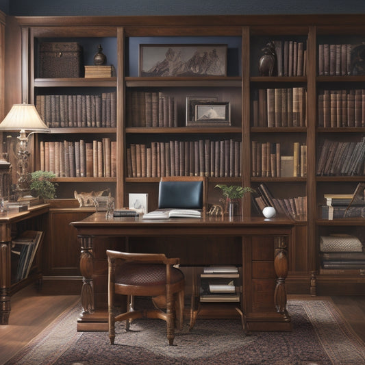 A tidy, well-lit home office with a wooden desk and a few neatly arranged books, featuring a compact, three-tiered shelf unit with labeled folders and a small, leather-bound manual lying open on top.