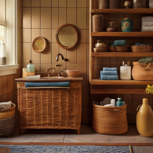 A cozy vintage bathroom scene featuring rustic wooden shelves filled with neatly organized toiletries, woven baskets, and colorful ceramic jars. A clawfoot tub and a large mirror create a nostalgic, family-friendly atmosphere.