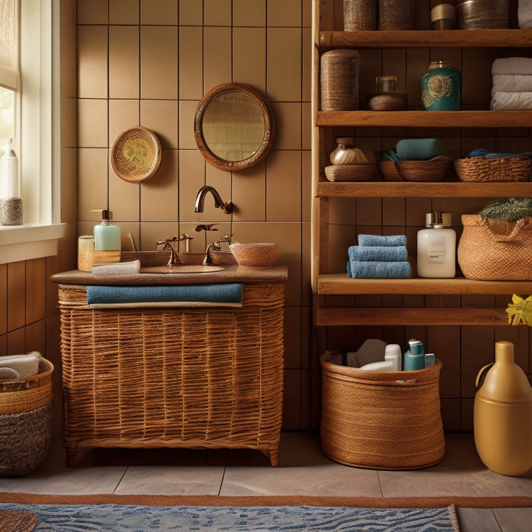 A cozy vintage bathroom scene featuring rustic wooden shelves filled with neatly organized toiletries, woven baskets, and colorful ceramic jars. A clawfoot tub and a large mirror create a nostalgic, family-friendly atmosphere.