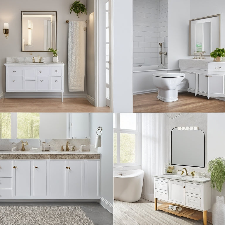 Generate an image featuring a stylized, minimalist bathroom with 5-7 white wood bathroom vanities in different styles, sizes, and price points, arranged against a neutral background.