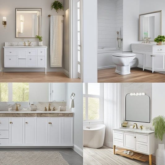 Generate an image featuring a stylized, minimalist bathroom with 5-7 white wood bathroom vanities in different styles, sizes, and price points, arranged against a neutral background.