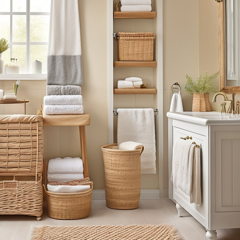 A serene bathroom with cream-colored walls, featuring a wall-mounted shelf with three woven wicker baskets of varying sizes, each filled with rolled towels, toiletries, and decorative items.