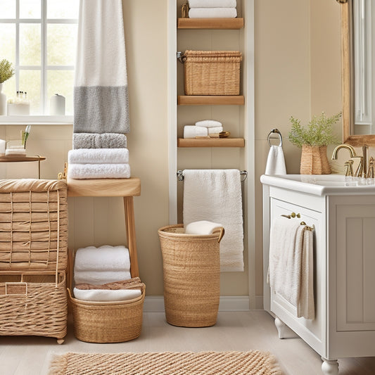 A serene bathroom with cream-colored walls, featuring a wall-mounted shelf with three woven wicker baskets of varying sizes, each filled with rolled towels, toiletries, and decorative items.