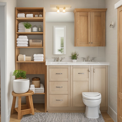 A clutter-free bathroom with a wooden over-the-toilet storage unit featuring three cabinets and three baskets, surrounded by sleek fixtures and a soft, white background.