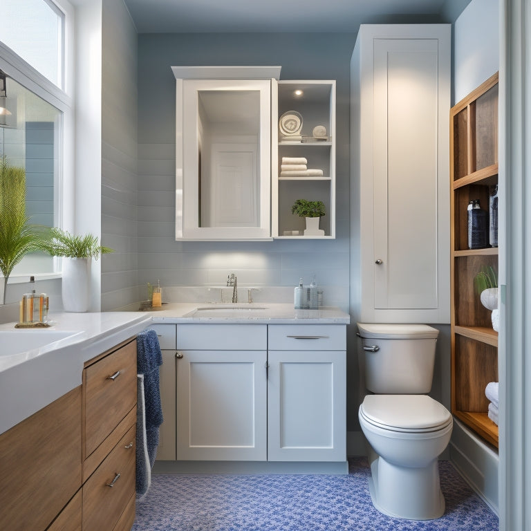 A modern bathroom with a wall-mounted cabinet featuring glass doors, a recessed medicine cabinet, a built-in shelving unit above the toilet, and a floor-to-ceiling storage unit beside the sink.