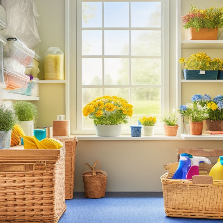 A bright, organized storage space with labeled bins, baskets, and shelves, surrounded by blooming flowers and a few scattered cleaning supplies, with a sunny window in the background.