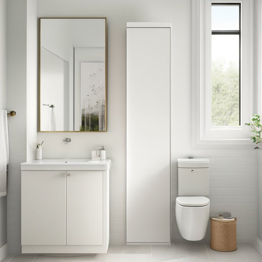 A serene, white, and minimalist bathroom with a wall-mounted cabinet featuring a sliding mirror door, revealing a hidden compartment with stacked towels and a small, sleek trash can.