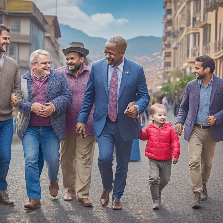 A warm, sunny scene of a father gently holding his infant's hand, walking alongside a group of diverse men of various ages and ethnicities, all smiling, amidst a vibrant, colorful background of Bogotá cityscape.