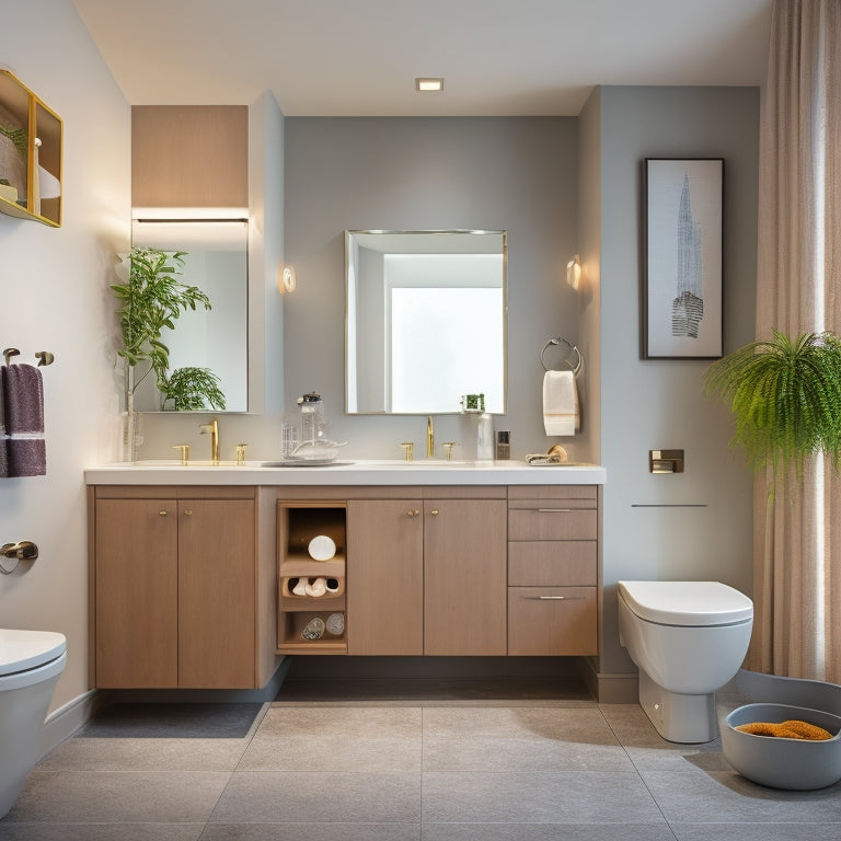 A modern bathroom with a large, wall-mounted vanity toilet in the center, surrounded by various fixtures and accessories, such as a sink, mirror, and cabinets, in a sleek, minimalist design.