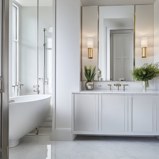 A sleek, modern bathroom with a large, frameless mirror door cabinet in a polished silver finish, reflected in the mirror is a luxurious freestanding tub, surrounded by neutral-toned marble and soft, warm lighting.