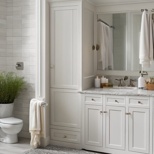 A serene, well-lit bathroom with a wall-mounted cabinet featuring glass doors, surrounded by neatly arranged toiletries, towels, and a woven basket, against a calming white and gray marble background.