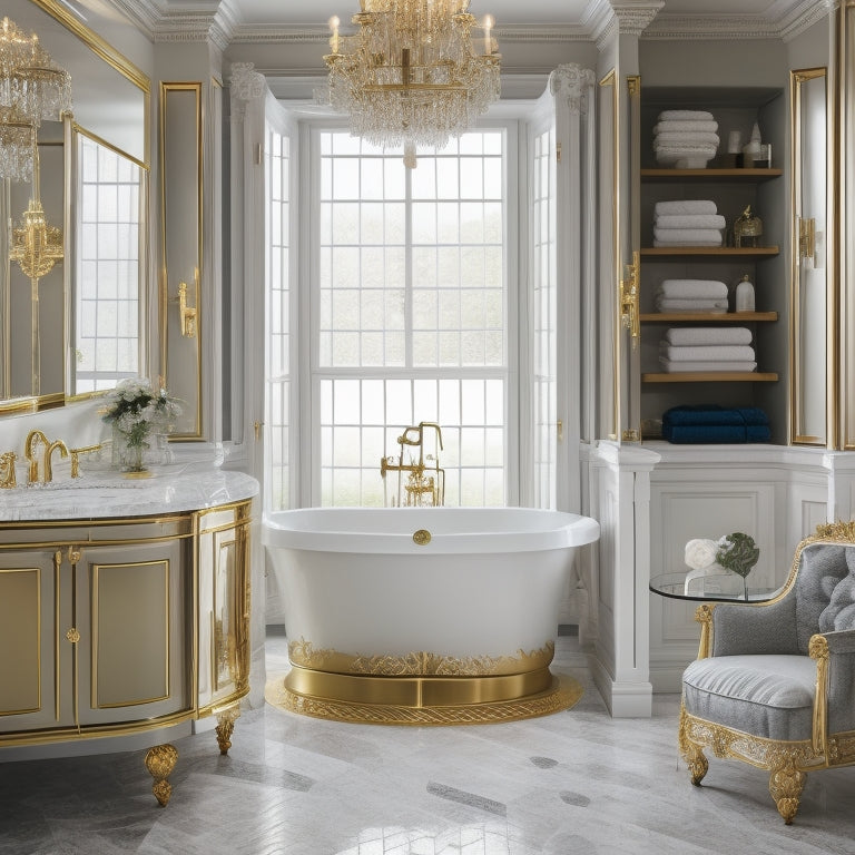 An opulent bathroom featuring a freestanding tub, surrounded by sleek, high-gloss cabinets with ornate gold hardware, and a floor-to-ceiling shelving unit with decorative glass doors.