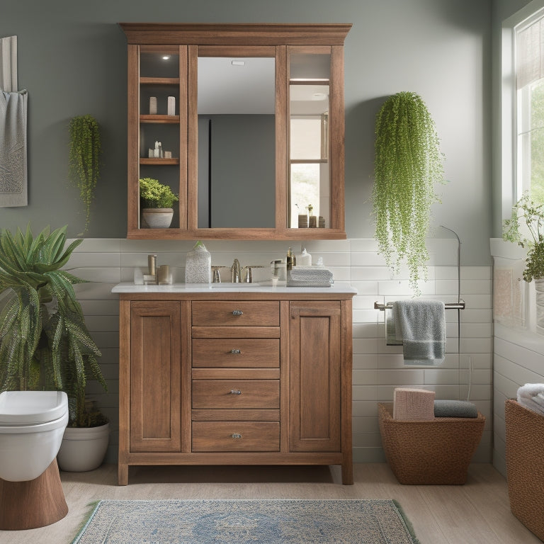 A serene, well-lit bathroom with a large, wall-mounted wooden cabinet featuring multiple drawers and open shelving, surrounded by decorative towels, plants, and a few toiletries.