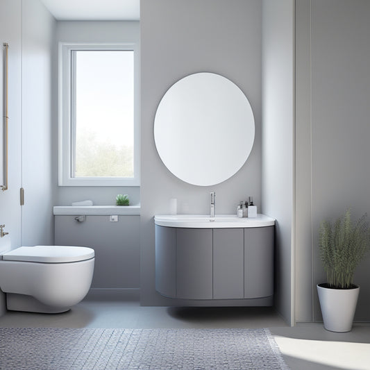 A serene, minimalist bathroom with a wall-mounted, curved sink cabinet in soft gray, paired with a sleek, oval mirror and a compact, freestanding tub in matte white.