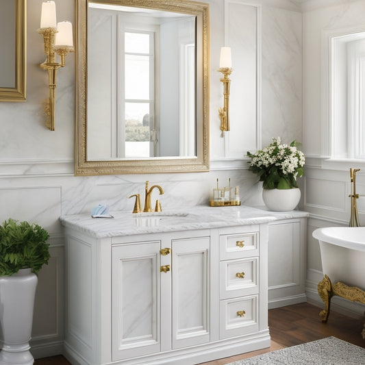 A luxurious bathroom with creamy marble countertops, soft-close drawers, and ornate brass hardware, featuring a hidden compartment behind a sliding mirror, revealing a secret storage space with rolled towels and small toiletries.