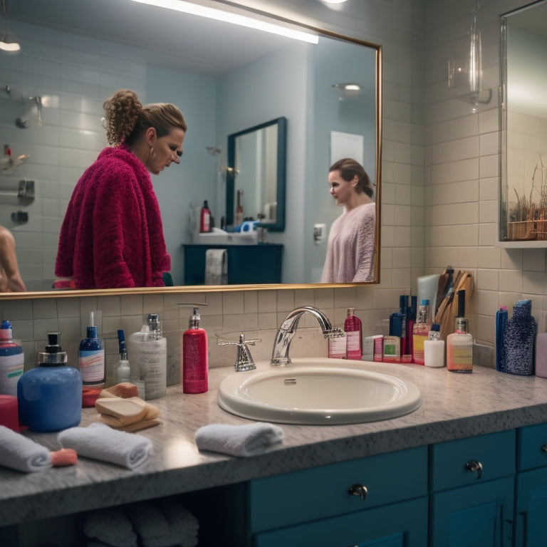 A cluttered bathroom scene with a messy countertop, toiletries scattered everywhere, towels strewn about, and a mirror fogged up, reflecting a frazzled person in the background, surrounded by chaos.