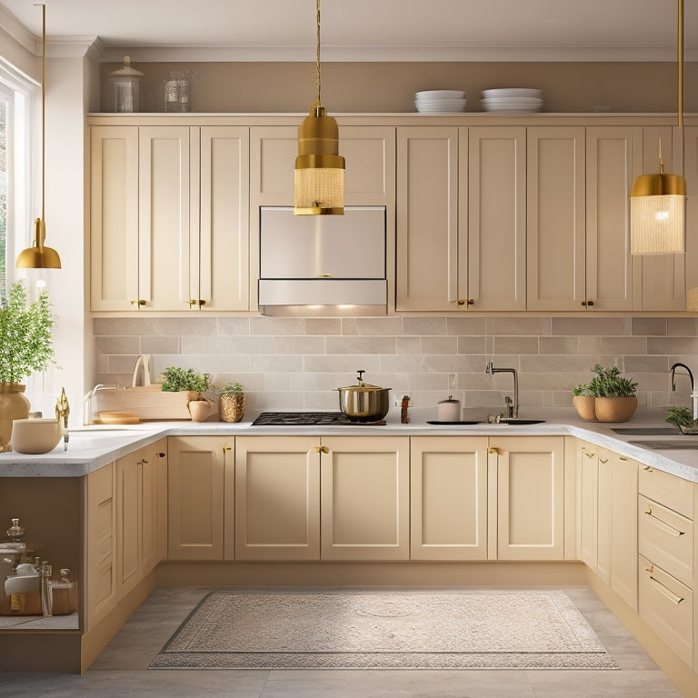 A modern kitchen with warm lighting, featuring five stylish wall cabinets in different shapes and sizes, with varying door styles and hardware, against a soft, creamy background.