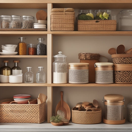 A tidy kitchen cabinet with adjustable shelves, wicker baskets, and stacking containers, featuring a utensil organizer, a spice rack, and a few neatly arranged dinner plates.