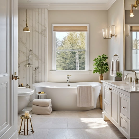 A serene, high-end bathroom with cream marble countertops, chrome fixtures, and a freestanding tub, featuring a sleek, wall-mounted cabinet with sliding glass doors and a minimalist, floor-to-ceiling shelving unit.