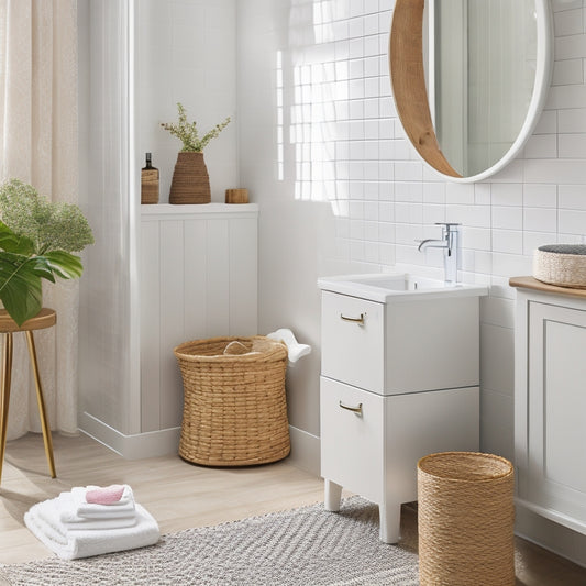 A modern bathroom with a sleek, white pedestal sink, surrounded by clever storage solutions: a woven basket tucked beneath, a slim shelf on the wall, and a pedestal skirt with hidden drawers.