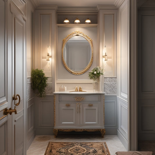 A modern bathroom with three wall-mounted cabinet mirrors: a rectangular one with soft-close doors, a round one with a LED-lit border, and a large, ornate one with carved wooden details.