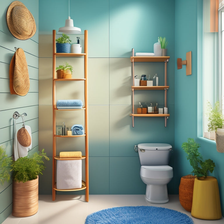 A stylized illustration of a bathroom corner with a curved shower rod, a tiered shelving unit, and a wall-mounted basket, showcasing creative storage solutions in a small space.