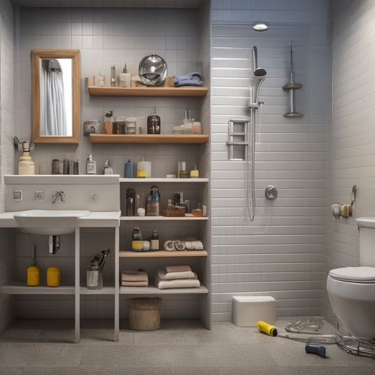 A bathroom with a partially installed shelf, surrounded by tools and materials, including a level, drill, and screws, with a faint outline of a finished shelf in the background.