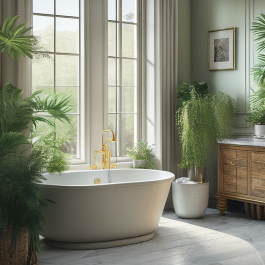 A serene bathroom scene with a freestanding tub as the centerpiece, surrounded by marble floors, a floor-to-ceiling window with soft drapery, and a few potted plants.