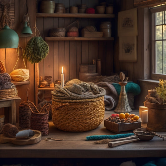 A warm, well-lit workshop with a wooden workbench, surrounded by half-finished craft projects, threads, yarns, and fabric scraps, with a few successfully completed items on display, like a vase and a woven basket.