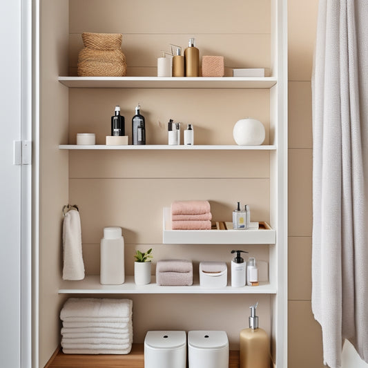 A sleek, minimalist bathroom featuring wall-mounted shelves with neatly organized toiletries, a floating vanity with hidden compartments, and stylish baskets for towels, all set against a calming, neutral color palette.