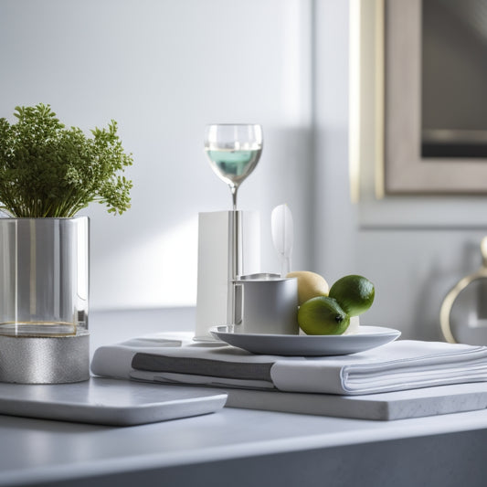 A minimalist kitchen counter with a sleek, silver metal napkin holder standing upright, holding a stack of crisp, white napkins, surrounded by a few cookbooks and a small, modern vase.