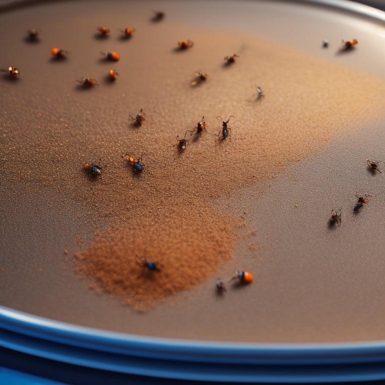 An overhead shot of a cracked, sugar-encrusted countertop with ants marching in a line, carrying sugar crystals back to their nest, surrounded by scattered crumbs and spills.