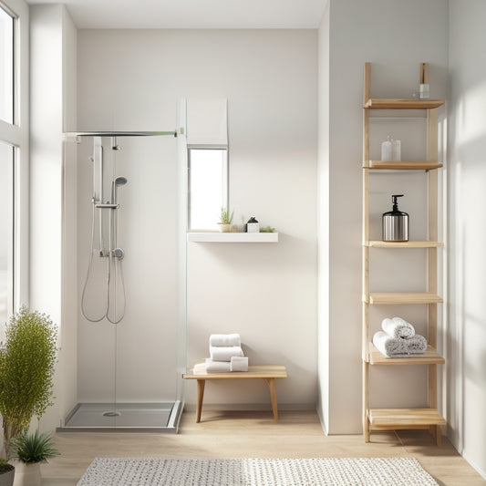 A modern, minimalist bathroom with three wall-mounted shelf units: a floating glass shelf above a sleek faucet, a wooden ladder shelf beside a freestanding tub, and a chrome triple-tiered shelf near a walk-in shower.