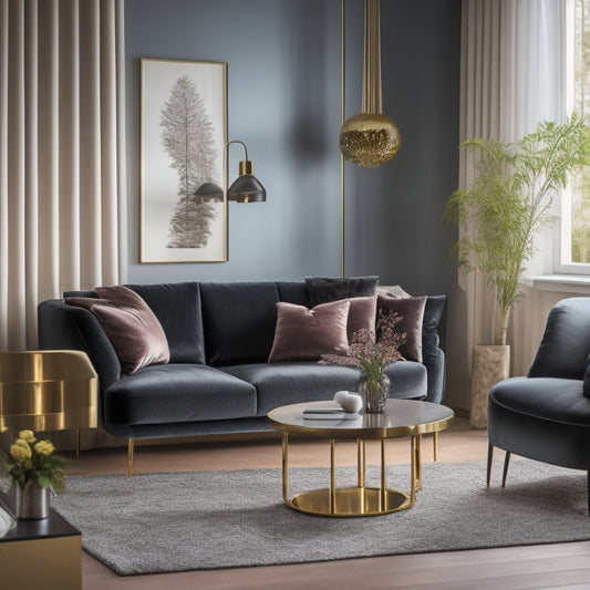 A stylish, modern living room with a minimalist coffee table, surrounded by plush velvet armchairs and floor lamps, adorned with a few tasteful throw pillows and a vase with fresh flowers.