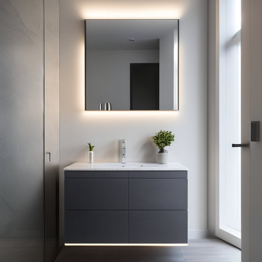 A sleek, modern bathroom featuring a corner vanity with a wall-mounted, curved sink and a rectangular mirror above, surrounded by minimalist LED lighting and a subtle, grey marble backsplash.