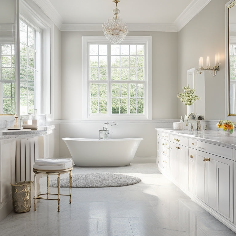 A serene bathroom scene with a large, creamy white marble countertop, surrounded by gleaming chrome fixtures, a freestanding tub, and a floor-to-ceiling mirror, illuminated by soft, warm natural light.