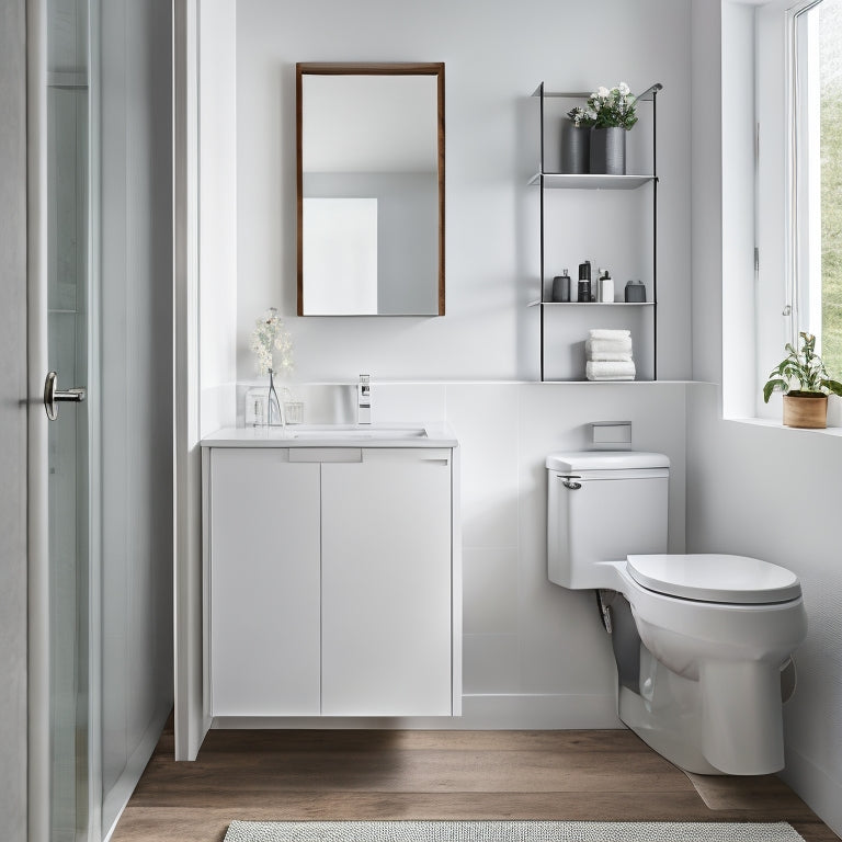 A minimalist bathroom with a sleek, wall-mounted sink and toilet, featuring a hidden storage compartment behind a sliding mirror, a recessed medicine cabinet, and a tiered shelving unit above the toilet.