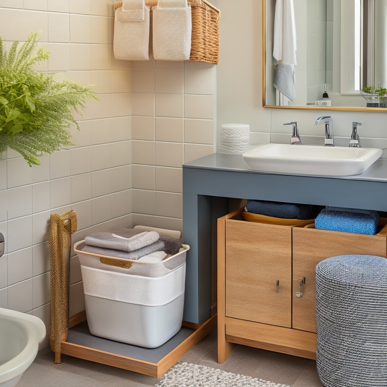 A stylish, modern bathroom with a pedestal sink, cluttered countertops, and a messy, overflowing storage basket, contrasted with a tidy, customized drawer organizer in the foreground.