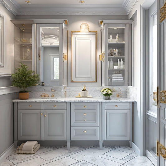 A stylized illustration of a modern bathroom with various storage cabinet designs, featuring open shelves, mirrored doors, and ornate hardware, set against a calming gray and white marble background.