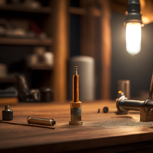 A close-up shot of a cabinet drill template with a subtle glow surrounding it, surrounded by drill bits and screws, on a clean wooden workbench with a blurred background of a cluttered workshop.