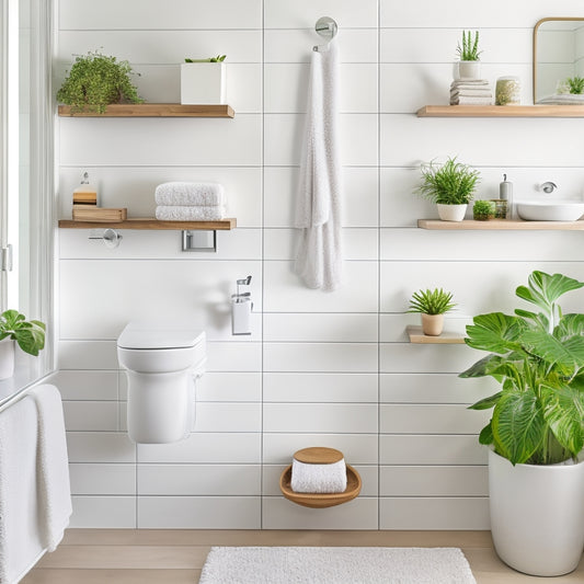 A serene, minimalist bathroom with sleek white walls, a floating wooden shelf above a modern toilet. Neatly arranged towels, small plants, and elegant storage baskets create a calming, organized atmosphere. Soft natural light filters in.