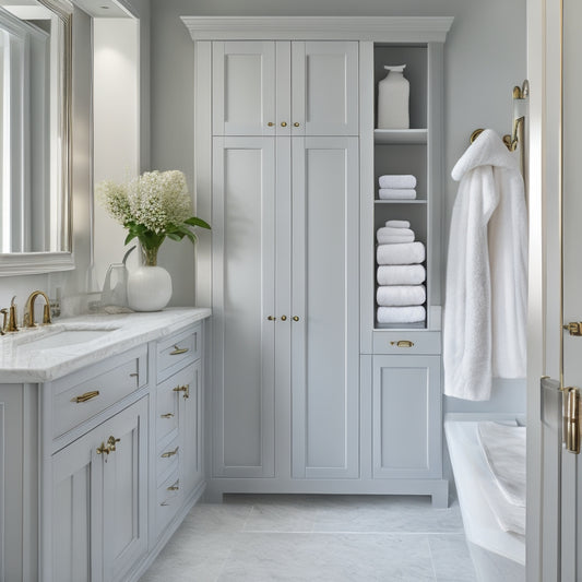 A serene bathroom with a floor-to-ceiling glass door cabinet in a soft gray tone, filled with neatly arranged toiletries and towels, against a calming white and marble background.