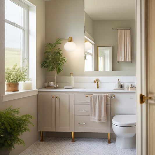 A serene small bathroom with a large mirror above a floating vanity, surrounded by soft natural light, minimal decor, and a subtle patterned floor that creates a sense of openness.